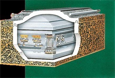 vault and casket cutaway. This is a cross section of a casket inside a vault to illustrate how it works.